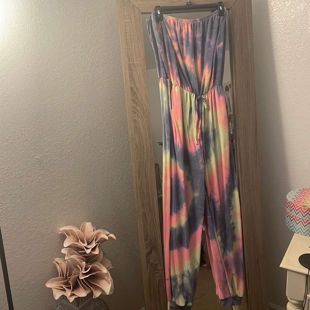 Tye-dye strapless jumpsuit